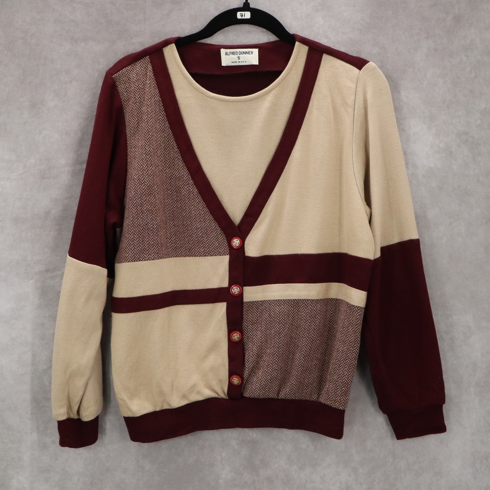 Alfred‎ Dunner Maroon Tan Cardigan Button Luxury Chic Preppy Sweater Small